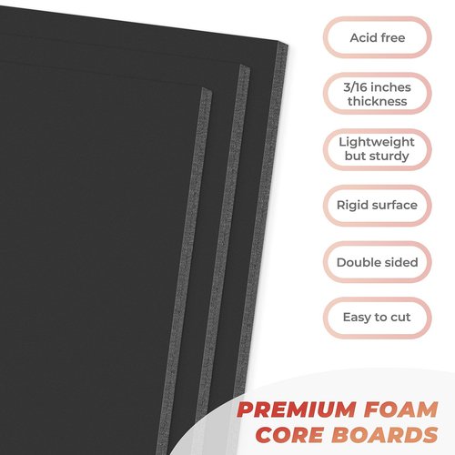 Frametory, 20x24 Black Foam core Boards, 3/16'' Thick Polystyrene Poster Board for Signboards, Art Display and DIY Projects - Pack of 10