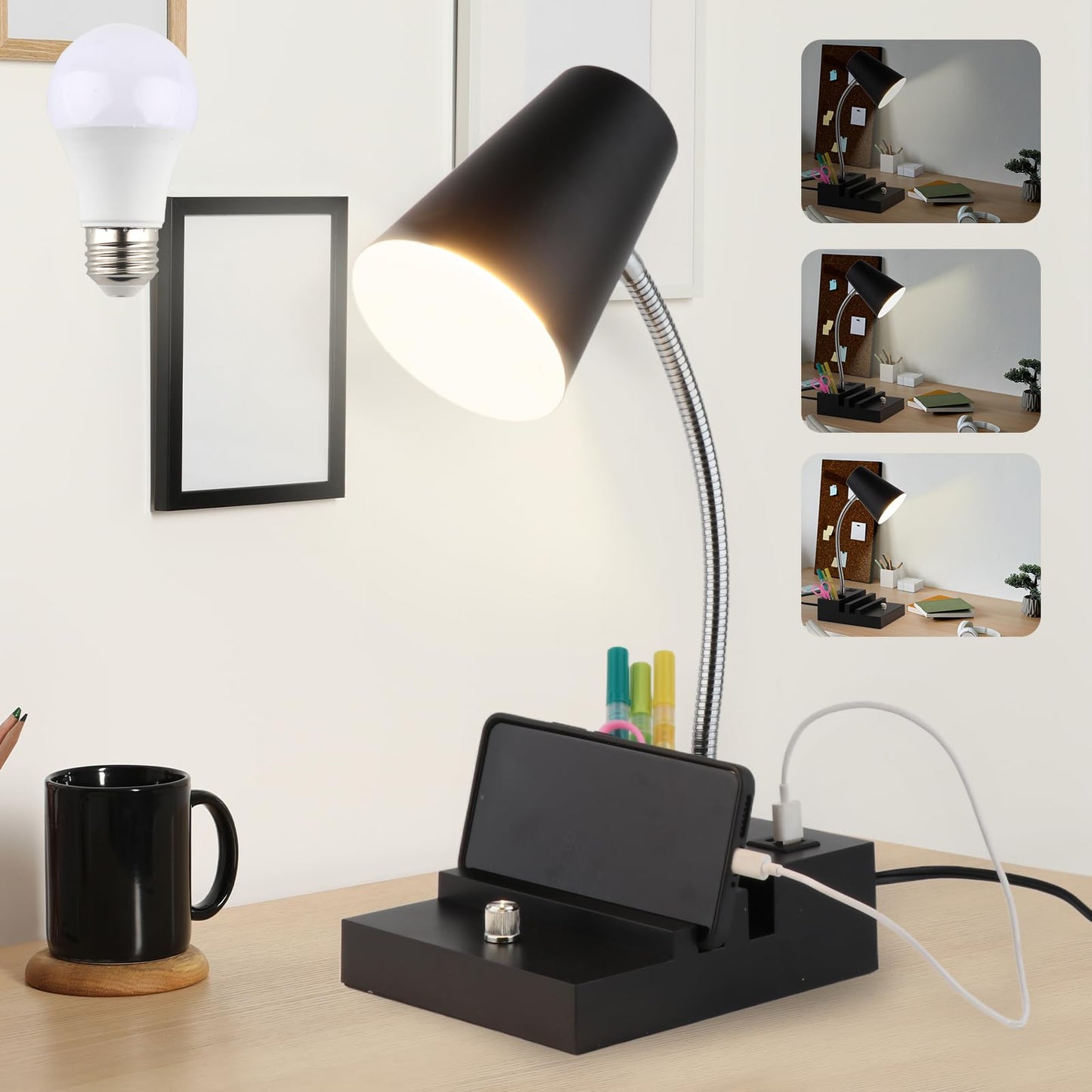 LALISU Study Desk Lamp with USB Charging and Type-C Night Light, Gooseneck LED Table Lamp Stepless Dimming Study Table Lamp with Pen Holder for College Dorm Bedroom and Office (White)