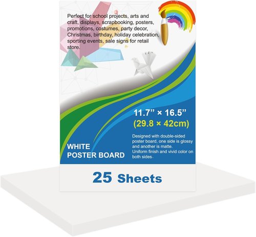 ROOKEA White Poster Board Paper - 25 Pcs Bulk for Vision Boards & Art Projects | 11.7 x 16.5 Inches