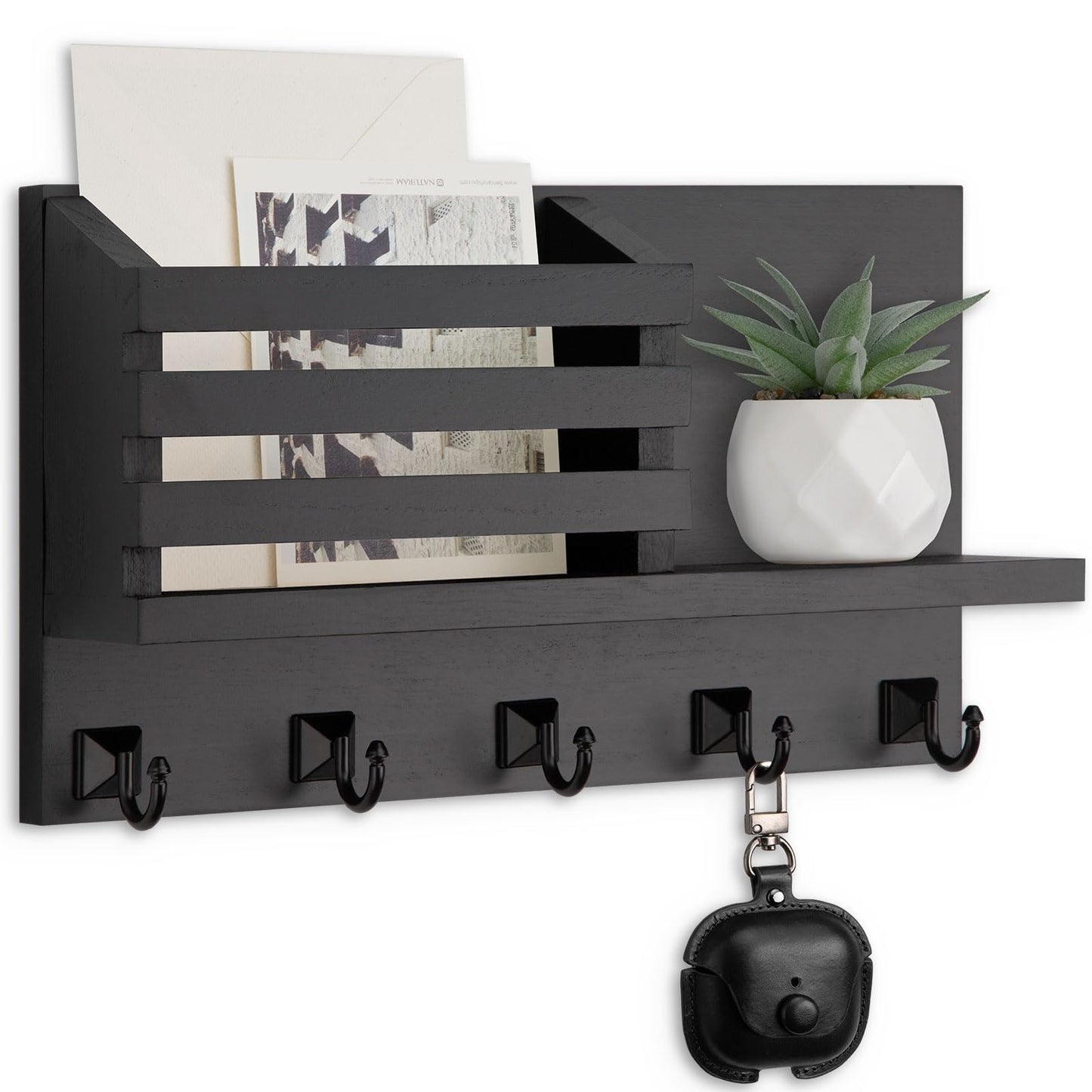 Lucundm Key Holder Wall Mount, Mail Organizer for Wall with 5 Square Rustic Key Hooks Key Shelf Farmhouse Home Decor for Entryway