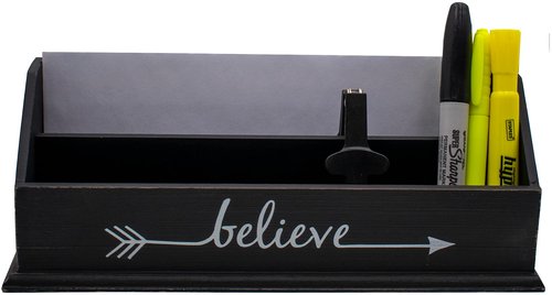 Rustic Wooden Office Desk Organizer & Mail Rack with Distressed Wood Finish 12" X 4" X 5" (Black (Believe))