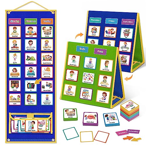 Godery Visual Schedule Blue & Green for Kids Chore & Routine Chart with 109 Cards