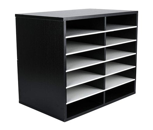 EasyPAG Mail Organizer Countertop, Wood Literature Organizer, Student Classroom Mailbox for School, Desktop Paper Sorter for Office Home, 12 Compartments, Black/White