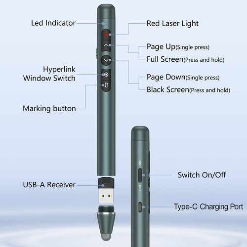 Rechargeable Presentation Clicker Stylus Pen for Touch Screen, Wireless Presenter Remote Laser Pointer USB PowerPoint Clicker Slide Advancer with Hyperlink Volume Control for Mac/Computer (red Laser)