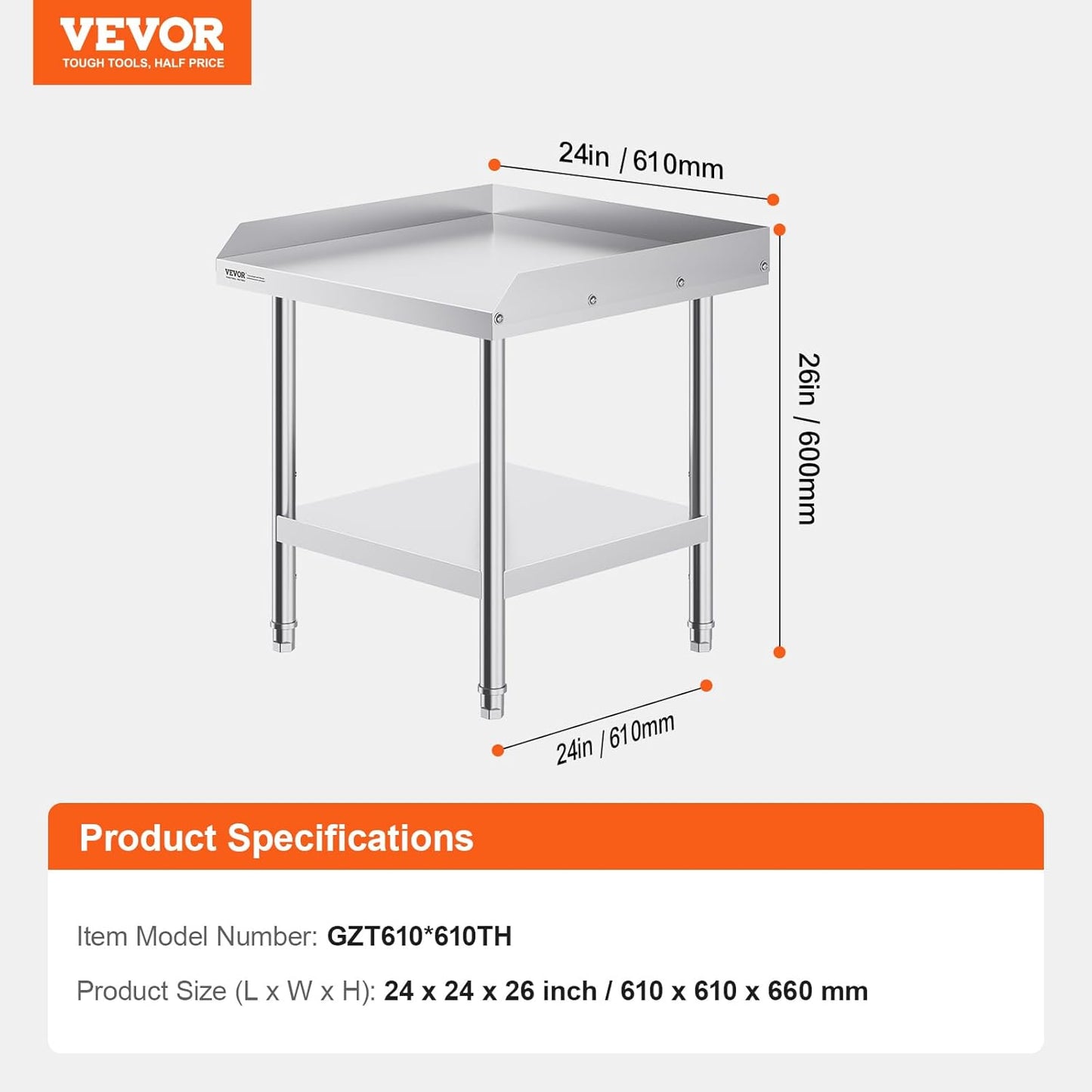 VEVOR Stainless Steel Work Table - Heavy Duty 24" x 24" Commercial Food Prep Table with Adjustable Height & 3-Sided Backsplash
