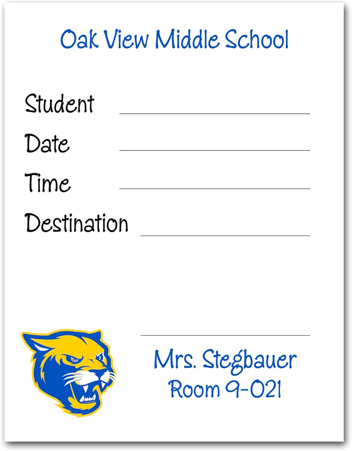 Your School's Logo Mascot Hall Pass - Personalized Teacher Late Pass | Small Size