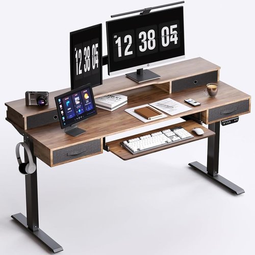 REGISDESK Electric Standing Desk, 55" Standing Desk Adjustable Height, Adjustable Desk with 4 Drawers, Ergonomic Adjustable Sit Stand Desk with Keyboard Tray, Rustic Brown
