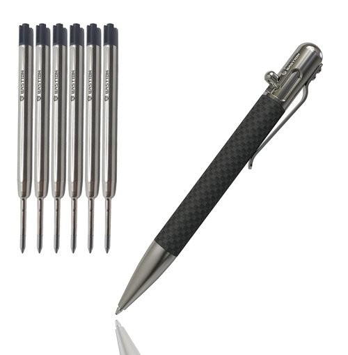 BASTION Carbon Fiber & Stainless Steel Pen Plus 6 Gel Black Ink Refill | Luxury Bolt Metal Fine Point (0.5mm) For Women & Men Ballpoint Pen Combo Gift Set