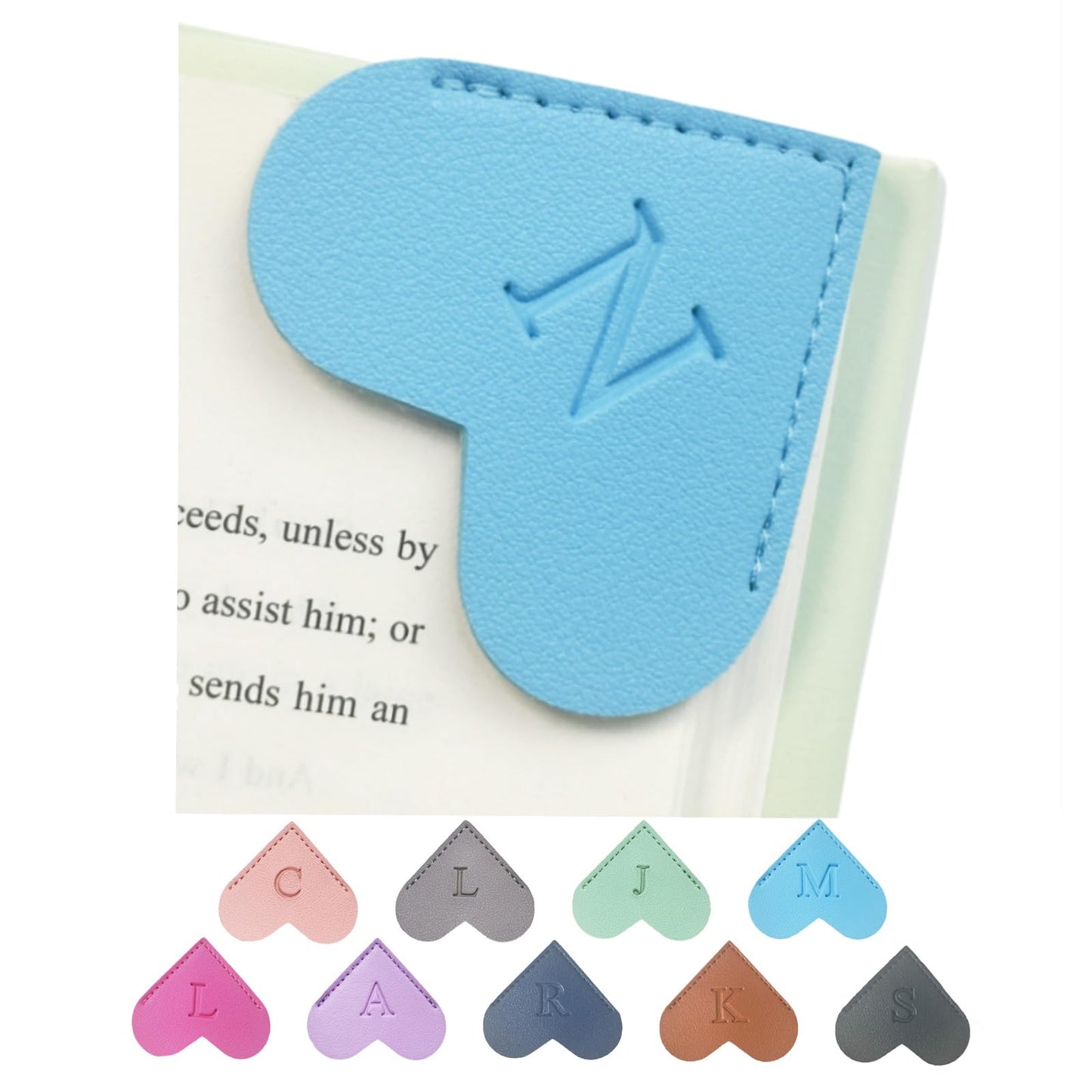 MOTEERLLU Personalized Leather Heart Bookmark with Initials, Handmade, Letter Cute Custom Corner Book Marks for Reading Women, Teachers, Students, Book Lovers, Book Accessories(Blue,N)