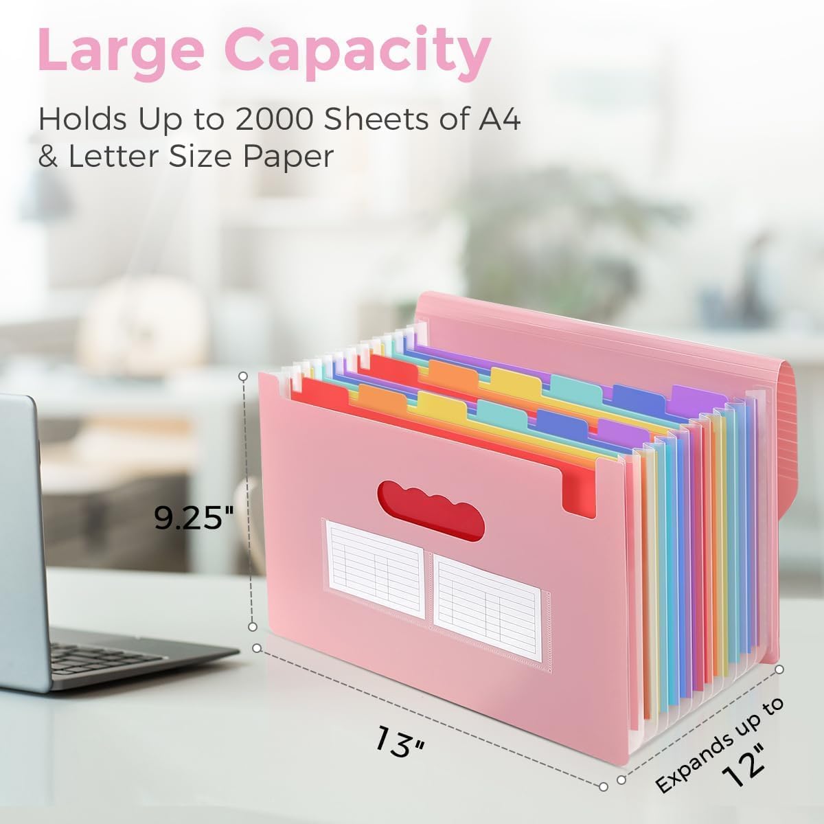 SKYDUE Accordion File Organizer - Expanding 13-Pocket Folder for Documents | Portable A4 Size Pink