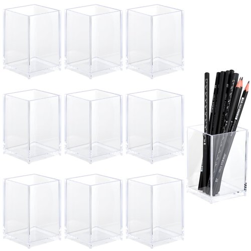 10 Pack Clear Acrylic Pen Holder Makeup Brush Holder Desktop Pencil Organizer Acrylic Pencil Cup Stationery Office Organizer Accessory for Office School Makeup Desk