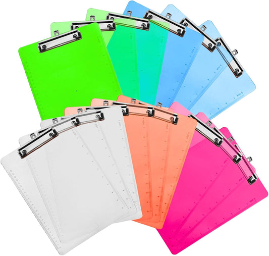 YOUEON 15-Pack Plastic Clipboards - Standard 9" x 12.5" Size with Low Profile Metal Clip & Hanging Loop | Multi-Color Transparent for Office & School
