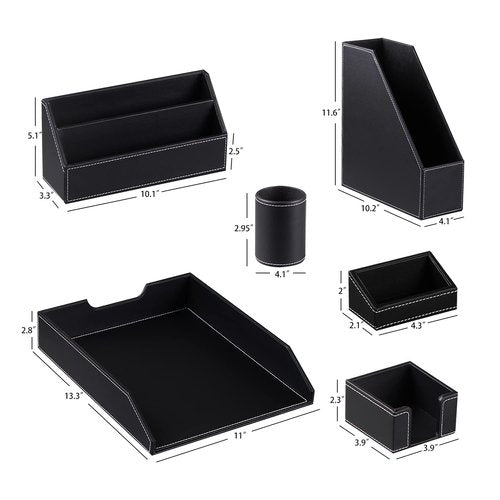 Office Desk Organizer and Workspace Accessories Storage Caddy for Men, Black Leather 6 PCS Set- Pencil Cup, Business Card Holder, Sticky Note Dispenser, Mail Sorter, Letter Tray, Magazine Holder