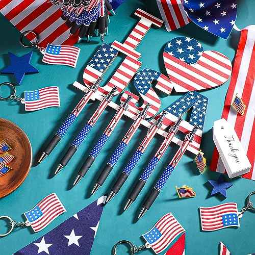 Qilery 250 Pcs Veterans Day Style American Flag Lapel Pins Ballpoint Pen Independence Day Flag Keychains Thank You Card Organza Gift Bag for Home School Office 4th of July Party Supplies