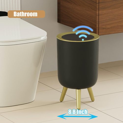 Yatmung Touchless Bathroom Trash Can with Lid - Motion Sensor Garbage Can - Waste Basket for Bedroom, Living Room, Toilet, Office, Plastic - Automatic Trash Bin - Black with Gold Edge