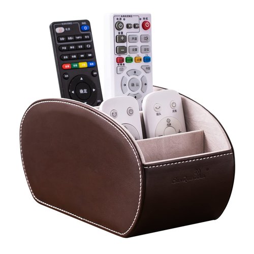 PU Leather Multi-Functional Office Organizar Box Remote Control Holder Desk Storage Suppliers Caddy Table with 5 Compartment Store TV Remote, Brush, Pencil, Glasses, Media Player (Dark Brown)