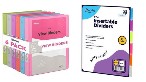 6 Pack 1 Inch 3 Ring Binder with 2 Inside Pockets & 6 Dividers for 3 Ring Binder - by Enday
