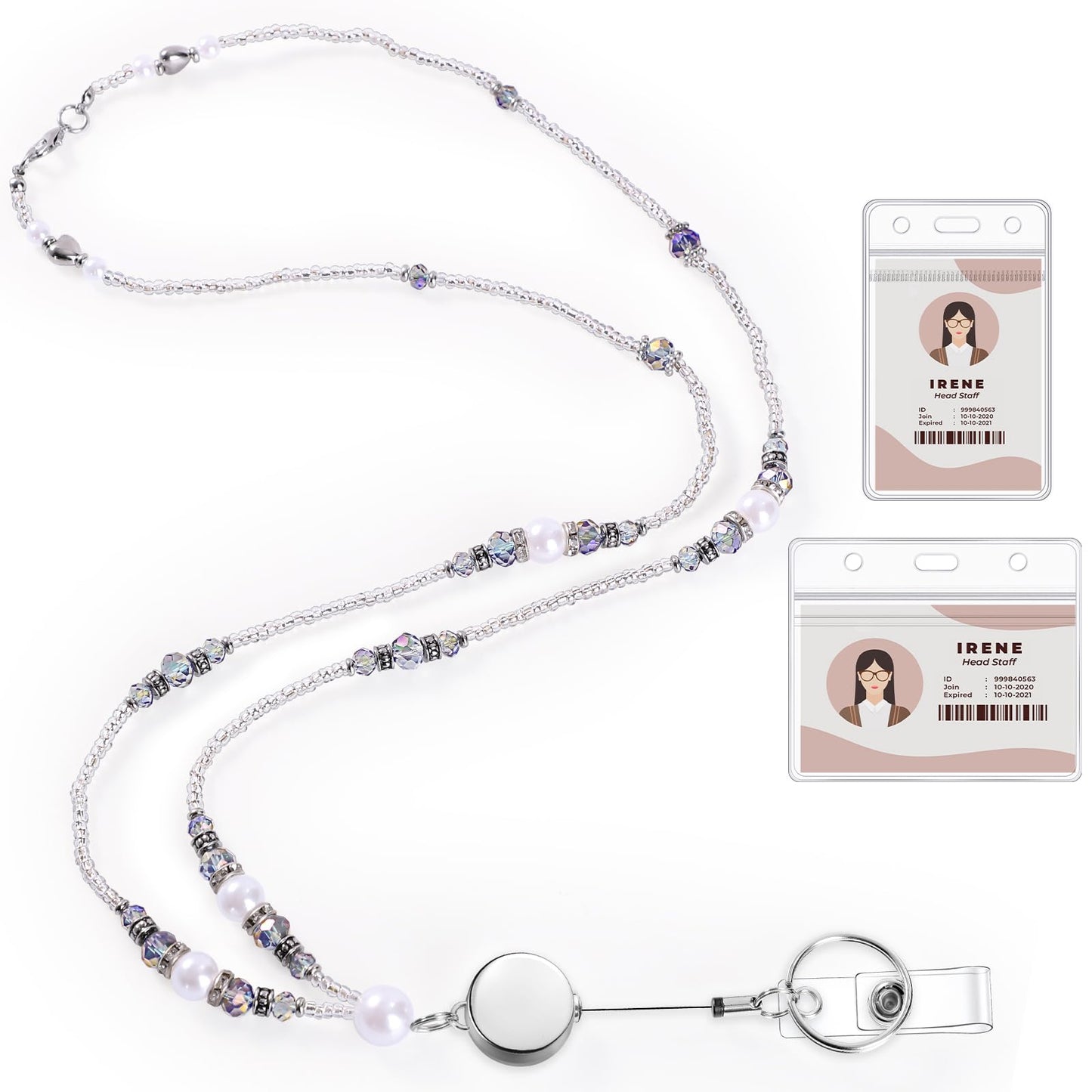 Teacher Lanyards for Id Badges and Keys, Beaded Badge Lanyard with Retractable Reel Pearl Necklace Cute Lanyards for Women