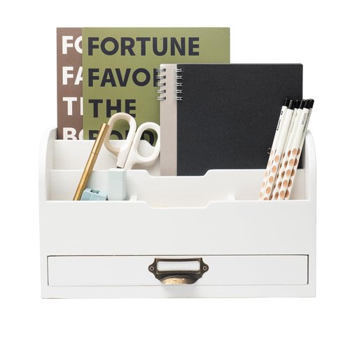 EMAISON Real Wood Desk Organizer 3 Tier Countertop Mail Holder with 5 Compartments and Drawer for Office Accessories (13x7.9x6.3 inches, White)