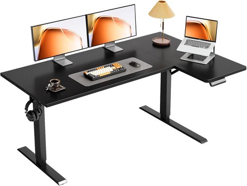 OffiGo Electric L-Shaped Standing Desk - 55-Inch Height Adjustable Corner Workstation | Carbon Fiber Black