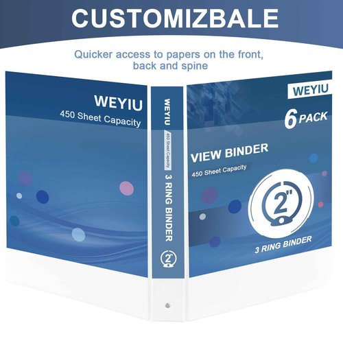 WEYIU 2-inch 3 Ring Binder with 2 Interior Pockets, Heavy Duty 2" Round Ring Binder Holds 450 Sheets of US Letter Size 8.5'' x 11'' Paper for Office/Home/School (White,6-Pack)