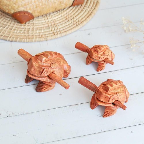 Thai Percussion Instruments Wooden Frog 3 Pcs Set of 4 Inch Frog, 3 Inch Frog, 2.25 Inch Frog, Wooden Frog Musical Instrument Home Decor (Brown Color)