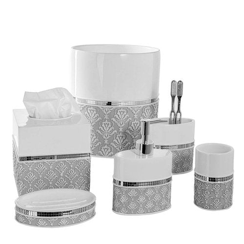 Creative Scents Mirror Damask Small Bathroom Trash Can 1.58 Gal / 6L - Decorative White and Gray Waste Basket - Durable Bathroom Wastebasket - Waste Bin for Powder Room Or Bedroom