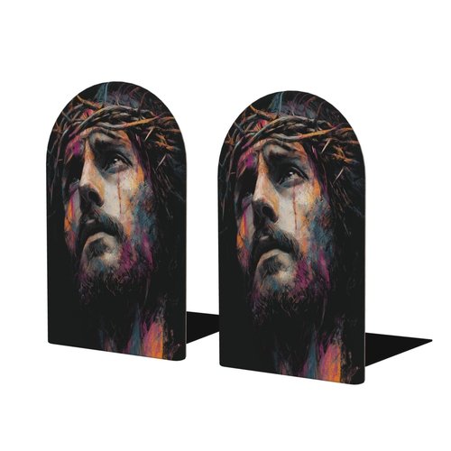 Jesus with Crown of Thorns Bookends for Shelves 2 Pcs Wooden Book Stopper Organizer for Home Office Libraries