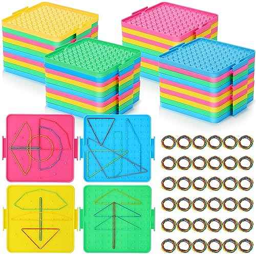 Lenwen 40 Pcs Double Sided Geoboard Math Manipulatives Geoboard with Rubber Bands 6.3 Inch Plastic Educational Graphical Toy for Learning Creativity
