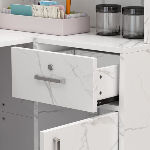 AIEGLE Reception Desk with Counter Drawers & Storage Shelves, L-Shaped Reception Counter Table for Salon Reception Room Checkout Office, Marble White (55.9" L x 32.3" W x 48.4" H)