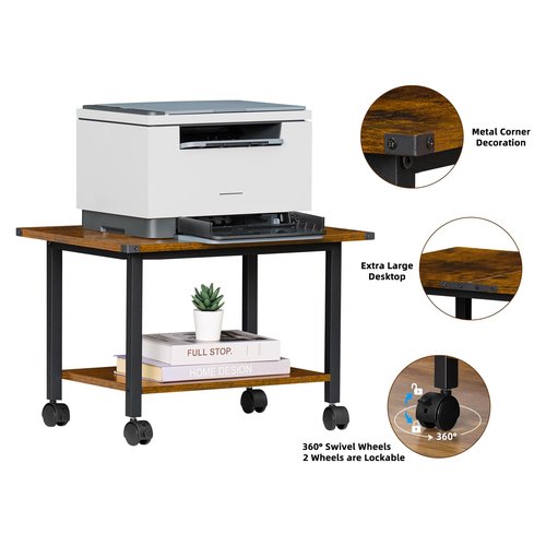Lerliuo Under Desk Printer Stand, 2-Tier Industrial Mobile Printer Table with Storage Shelf and Steel Frame, Rolling Printer Cart Holder with Lockable Wheels for Home, Office (Rustic Brown)