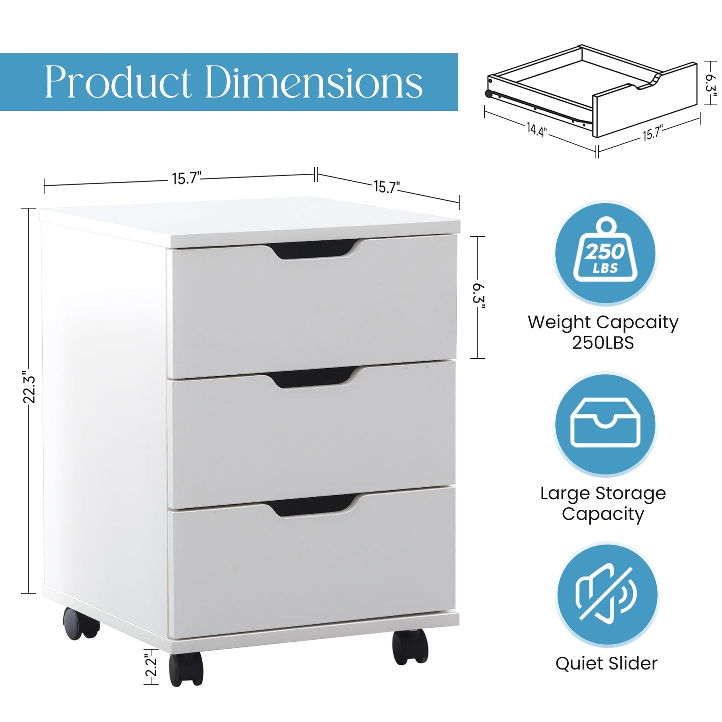 Farini 3-Drawer Under Desk Wooden File Cabinet with Lockable Caster Storage Cabinets for Home Office,White,Required Assembly