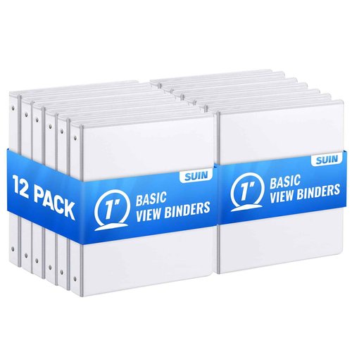 Basic 3 Ring Binder -1 or 1/2'' Binders with Roung Ring Binder, Large 100/200 Sheet Capacity, Fit 8.5" x 11" US Letter Size Paper, 12 Pack White (1'' White - 12 Packs)