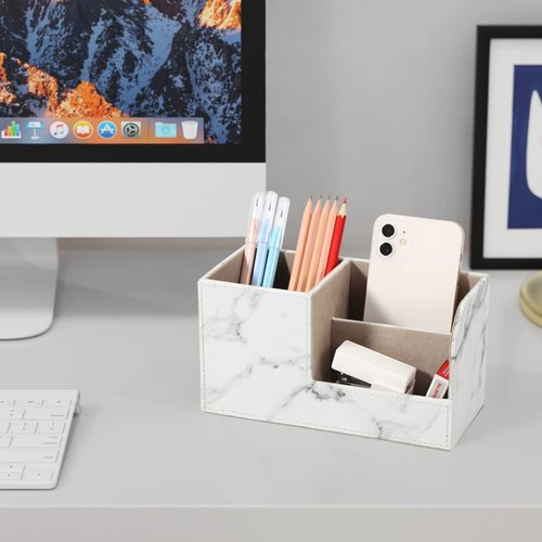 GORESE Office Desk Organizer, Pen Holder for Desk Cute, Leather Desktop Organizers with Remote Control Holder for Office Accessories Desk Supplies Organization Caddy Storage Box White Marble