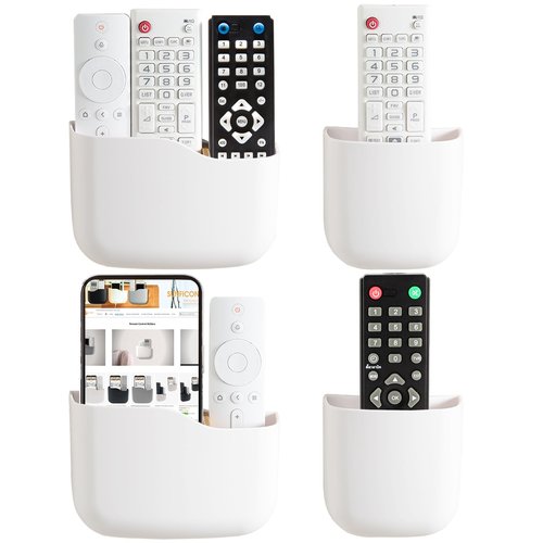Remote Holder Wall Mount TV FAN Remote Control Holder Bedside Caddy Wall Organizer Phone Holder for Office Adhesive Media Player Controller Holder Box Tray Home Desk Nightstand White 2Big 2Small