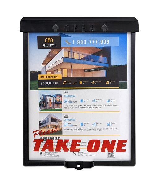 Outdoor Real Estate Brochure Box with Snap Shut Lid, Take One Document Holder Can Hold 100, 8.5 x 11 Documents, Flyers, Literature and Other Outdoor Marketing Needs