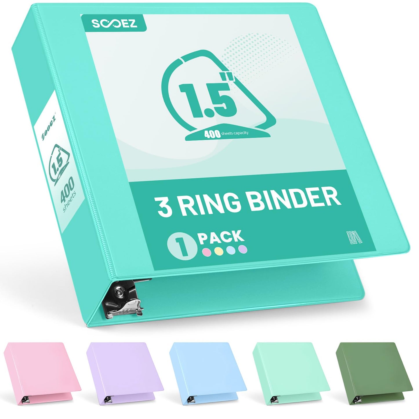 Sooez BinderX Extra Durable 1.5 Inch 3-Ring Binder, Holds 400 Sheets of 8.5x11 Paper, Customizable View Cover with Inside Pockets, Heavy Duty Binder for School, Teal