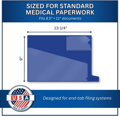 Doctor Stuff Vinyl Outguides - Diagonal Cut Front Pocket & Top Charge Out Slip Pocket | Navy, Letter Size 9" x 13-1/4", 25/Box