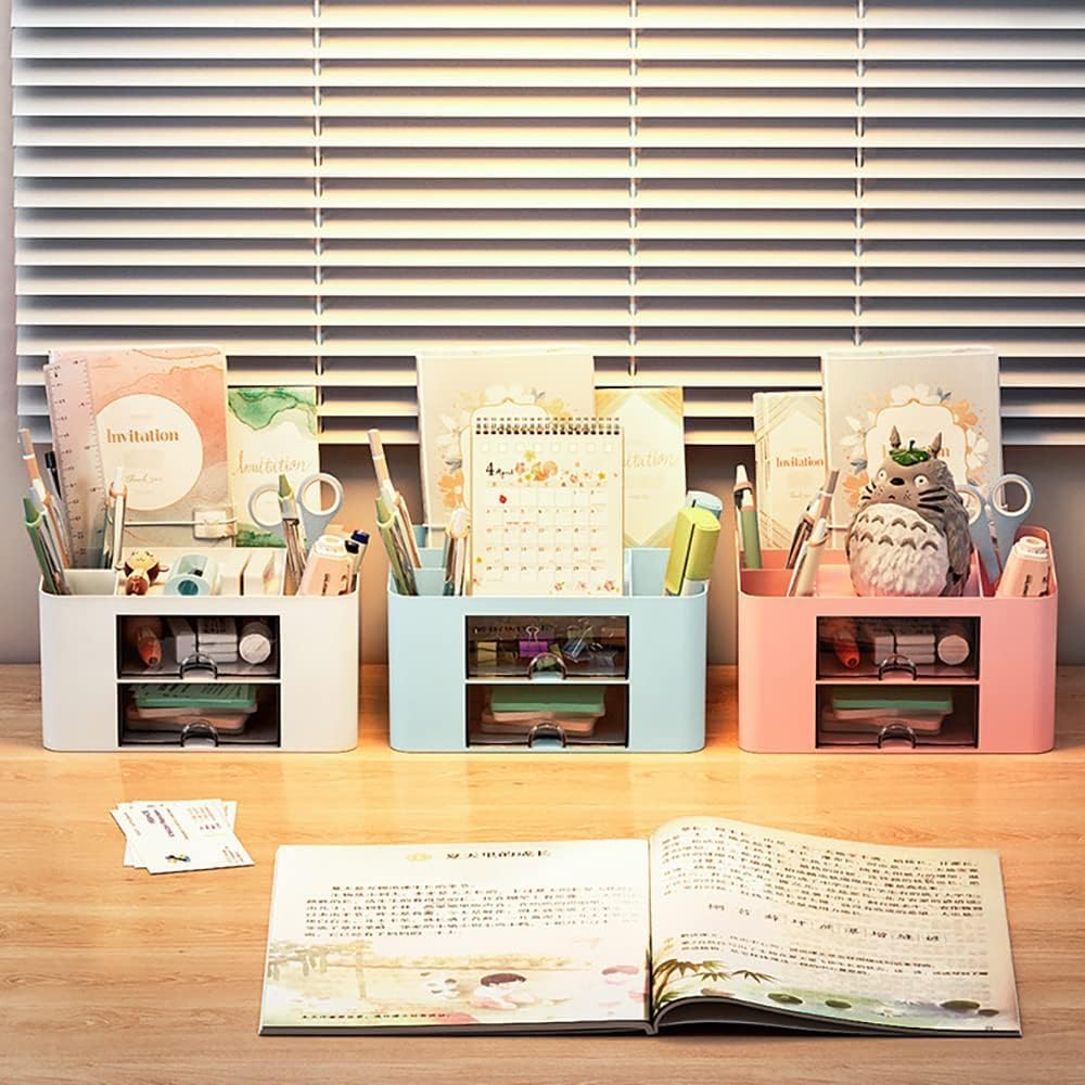 Stationary Organizer - 7-Grid Desk Organizer with Drawer | Multifunctional Plastic Pen Holder for Home & Office (White)