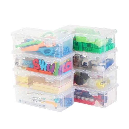 Swuj Clear Plastic Pencil Case Box 8 Pack, Stackable Craft Storage Organizer for Pens Markers Art Supplies, School Office Hobby Container with Snap Lid (Rectangular Large - 8 Pack)