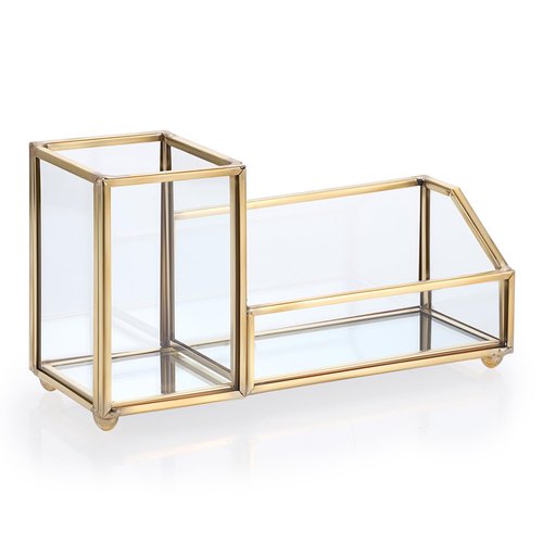 Hipiwe Glass Business Card Holder with Pen Pencil Holder Cup Gold Metal Name Card Display Organizer Desktop Business Card Storage Case for Office Desk, 2 Slots