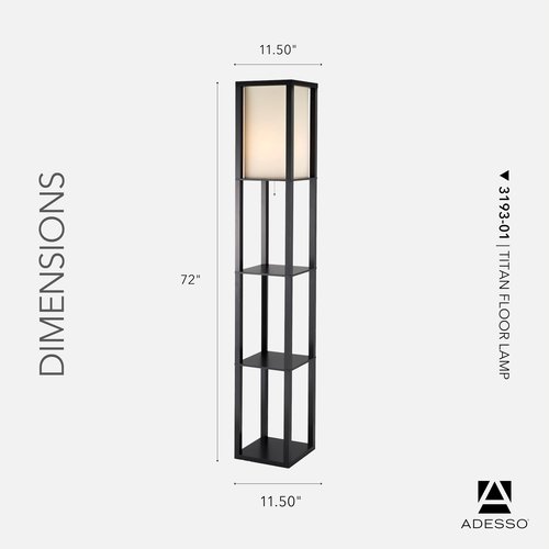 Adesso Square Floor Lamp with 3-Tier Open Shelves, Black Base, Fabric Shade, 72” T x 10.5” W, Extended Length Cord, Enhances Room Decor and Home Lighting
