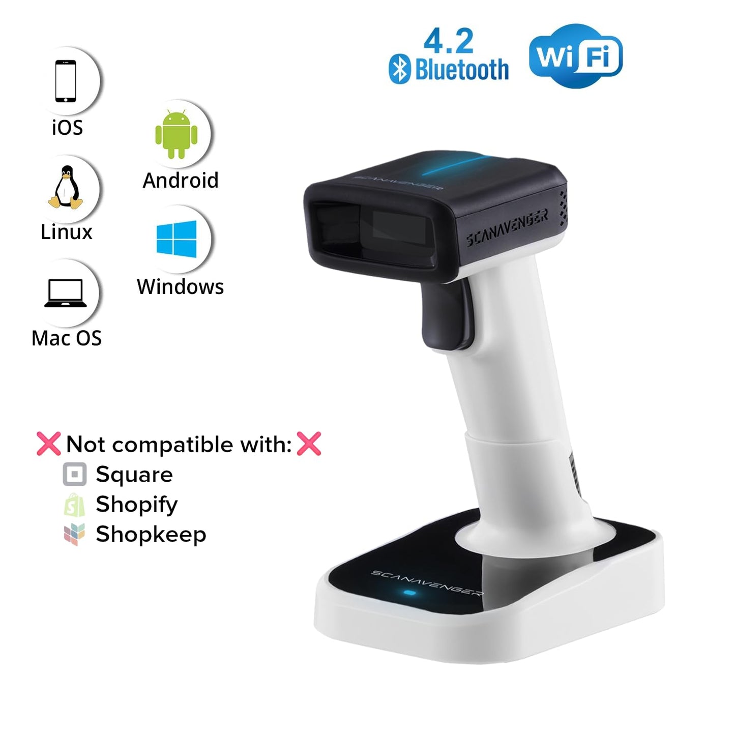 ScanAvenger Wireless Portable 1D&2D with Stand Bluetooth Barcode Scanner: Hand Scanner 3-in-1, Cordless, Rechargeable Scan Gun for Inventory - USB Bar Code/QR Reader (1D&2D Upgraded Next Gen Stand)