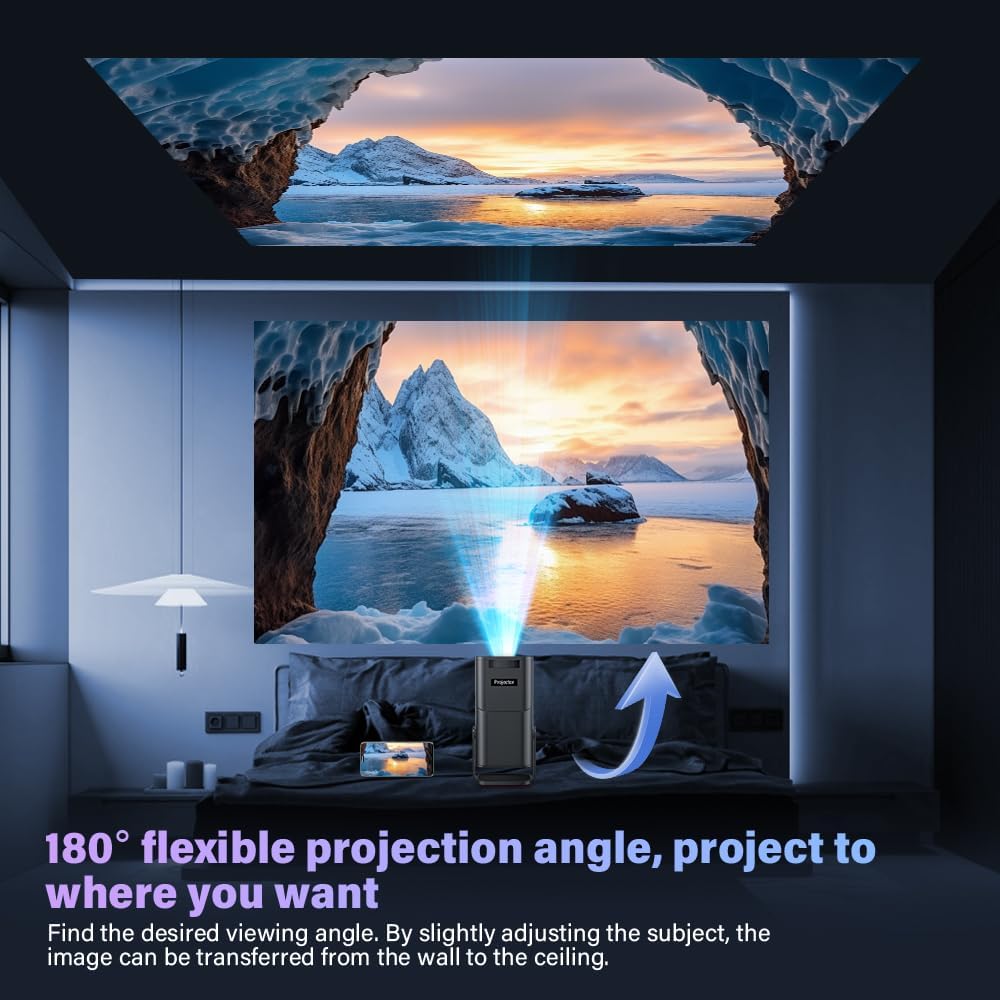 Skiennix Mini LCD Projector - 4K Portable Smart Projector with WiFi & Bluetooth | Auto Vertical Keystone, 180° Rotatable