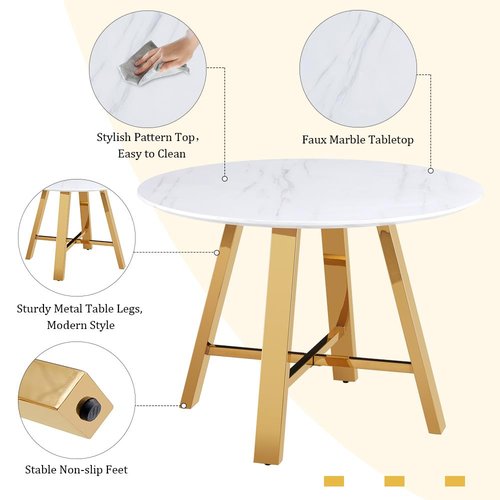 5 Piece Round Dining Table Set for 4,Modern White and Gold Dining Room Table and Chairs Set,42" Marble Tabletop with Upholstered Chairs,Luxury Kitchen Table Set for Small Spaces,Office,Apartment