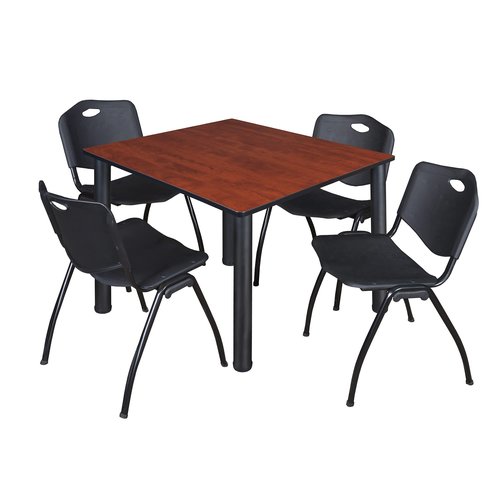 Kee 48" Square Breakroom Table- Cherry/ Black & 4 'M' Stack Chairs- Black