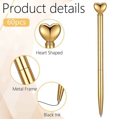 Wanmu 60 Pcs Heart Pens, Hearts Shaped Retractable Metal Cute Pens 1.0 mm Black Ink Novelty Pen Gold Slim Ballpoint for Valentine's Day Students Teachers Employees Gifts Office School Supplies