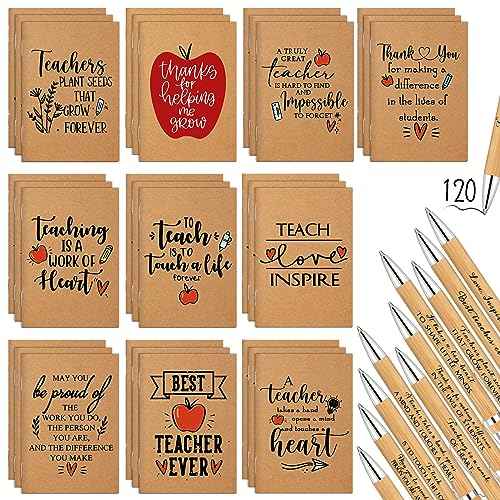 Kosiz 240 Pcs Teacher Appreciation Gifts in Bulk Thank You Kraft Notebooks Set Motivational Mini Journal Notebook Inspirational Bamboo Ballpoint Pen Gift for Teacher Nurse Christmas Thanksgiving