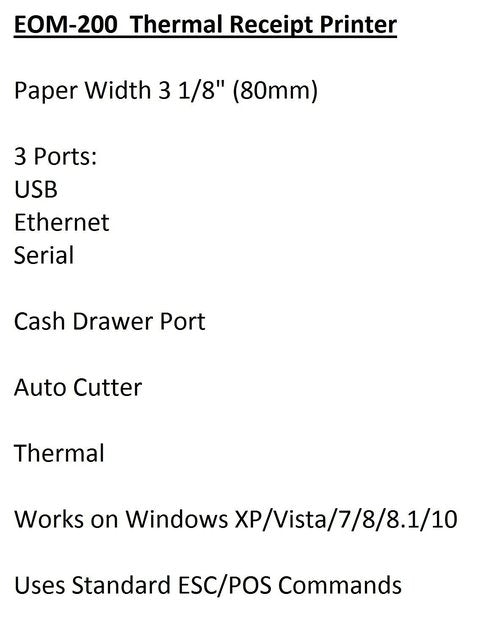 EOM-POS Thermal Receipt Printer - USB, Ethernet/LAN, & Serial Ports - Auto Cutter - Beeper/Buzzer- Cash Drawer Port - Paper Width 3 1/8" (80mm) - for Windows - NOT for Square