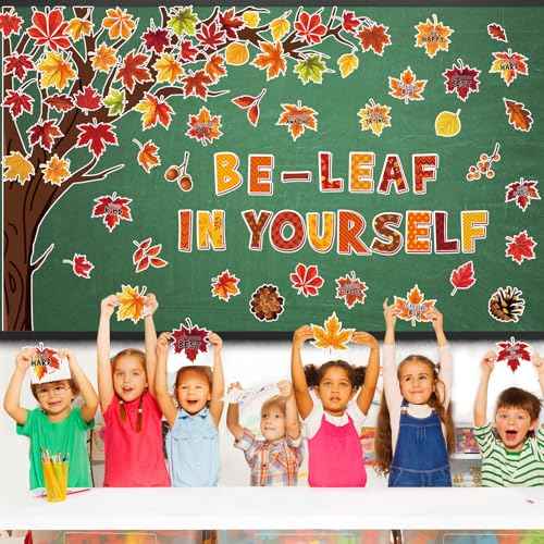 82Pcs Fall Bulletin Board Classroom Decorations Set,Autumn Maple Leaves Paper Cutouts Inspirational Posters Be Leaf in Yourself Wall Decor for School Chalkboard Office Home Thanks Giving Supplies
